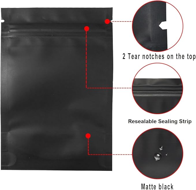 STUs 100 Pack Stand-Up Mylar Bags 6.3 x 9.4 Inch Smell Proof Bags Foil Pouch Double-Sided Food Storage Bag Matte Black