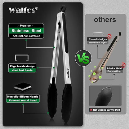 Heat Resistant Silicone Tongs Set - 600 Degrees, Kitchen Tongs for Cooking, Grilling, Turning - Stainless Steel and BPA Free Silicone Tips (7", 9" and 12 inch)