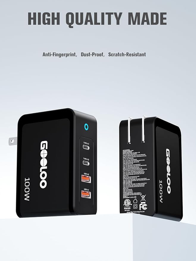 GOOLOO 100W USB C Charger Block, 4-Port Foldable Compact Fast Wall Charger