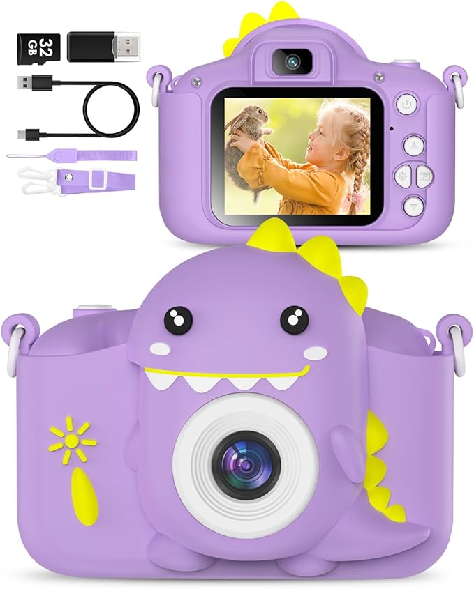 Hangrui Dinosaur Kids Camera Toys, Birthday Graduation Gifts for Girls Boys 3-12, 1080P HD Selfie Digital Video Camera for Toddlers,Travel Gifts Dino Toys for 4 5 6 7 8 9 Years Old(Purple)