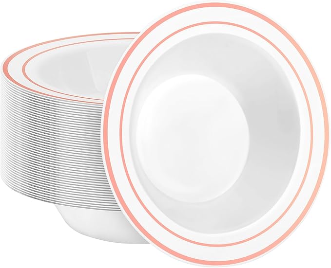 50 Pack Disposable Soup Bowls with Rose Gold Rim, 12oz Premium Heavy Duty Plastic Dinner Bowls for Party, Wedding and Holiday