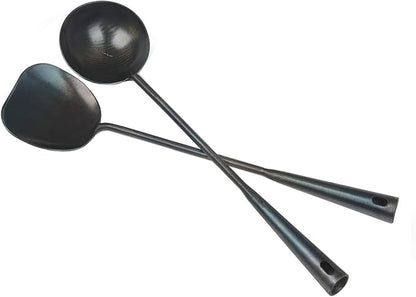 ZhenSanHuan Chinese Traditional HandMade Iron Spatula & Ladle Wok Tool Set,Long wok utensils (Ladle and Spatula Set)