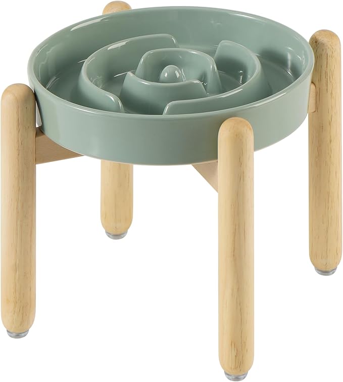 Ceramic 1.6 Cup Raised Slow Feeder Dog Bowl Set, Elevated Wooden Stand