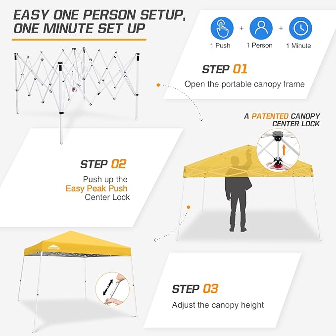 EAGLE PEAK 10x10 Slant Leg Pop-up Canopy Tent Easy One Person Setup Instant Outdoor Beach Canopy Folding Portable Sports Shelter 10x10 Base 8x8 Top (Yellow)