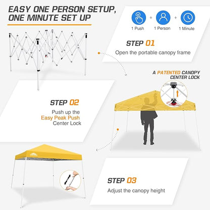 EAGLE PEAK 10x10 Slant Leg Pop-up Canopy Tent Easy One Person Setup Instant Outdoor Beach Canopy Folding Portable Sports Shelter 10x10 Base 8x8 Top (Yellow)