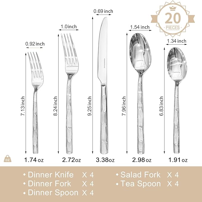KINGSTONE Silverware Set, 20-Piece 18/10 Stainless Steel Brushed Handle Flatware Cutlery Set, for Kitchen, Home, Party, Wedding Gift, Rust Resistant and Dishwasher Safe