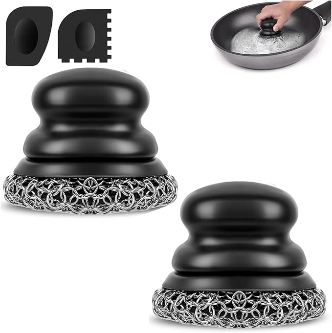 Onewly Cast Iron Scrubber (2 × Black Coarse Mesh) and and Scraper, Chain Mail Scrubber for Cleaning Stock Pots, Pans, Griddles, Grills, Cast Iron Skillets, Dish Scouring Pads