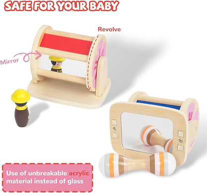 Montessori Spinning Drum Baby Toys, Wooden Tummy Time Mirror Play Kit and Rainbow Fabric Ball Kit Toys for 6-12 Months Toddlers