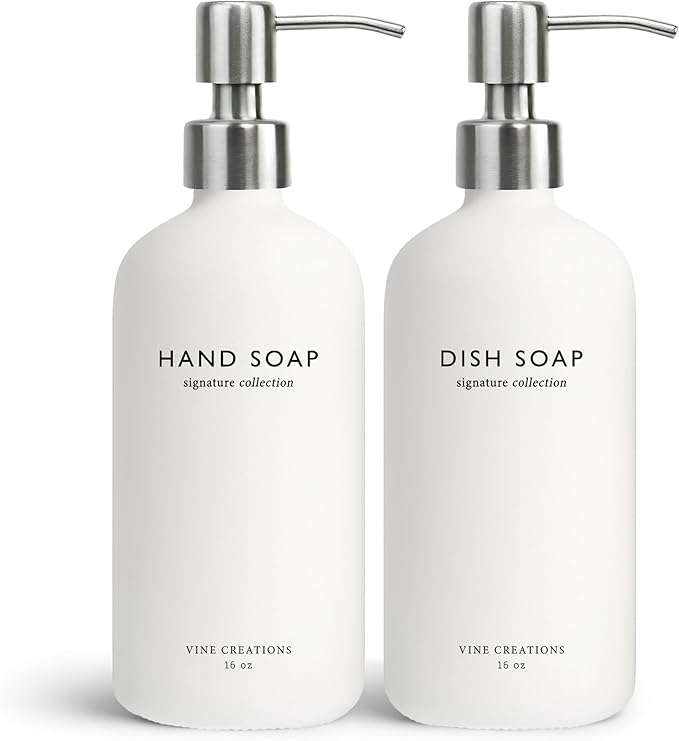 Vine Creations White Glass Soap Dispenser Set, Dish Soap and Hand Soap