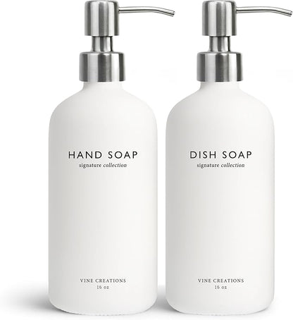 Vine Creations White Glass Soap Dispenser Set, Dish Soap and Hand Soap