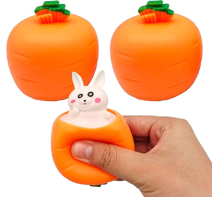 3 PCS Set Squeeze Toys Squishes Carrot Rabbit Fidget Toys Pop Up Squishy Rabbit in Carrot Stress Relief for Kids & Adult Tricky Funny Novelty Toy, Ideal Easter Gift