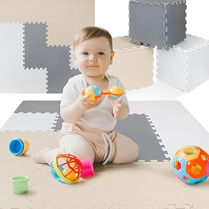 TOYVELT Foam Puzzle Floor Mat for Kids 12x12-16 Interlocking Play Mat Tiles with Colors - Educational Large Puzzle Foam Floor Tiles for Crawling, Non-Toxic - Cream-Gray-Beige