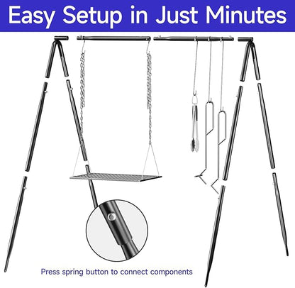 Grill Swing Campfire Cooking Stand, BBQ Grill for Cookware, Bruntmor Dutch Oven Adjustable Collapsible Legs with Hooks and Accessories