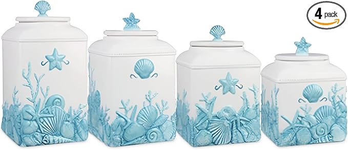 Young's Inc. 4 Pcs Set Blue Lagoon Nautical Ceramic Canisters- Storage Container for Kitchen and Bathroom - Beautiful Home Decor Accent to Store Food, Coffee, Tea, and More - White, Blue