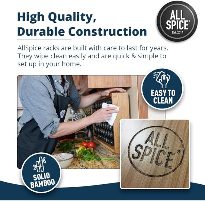 AllSpice Spice Rack Organizer, 525 Unique Labels, Countertop or Wall Mount