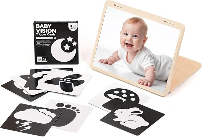 Tummy Time Play Set Adjustable Angle, Double-Sided Design, Montessori Tummy Time Toys Large Baby Safe Mirror and Card Display Stand with Black and White High Contrast Baby Cards