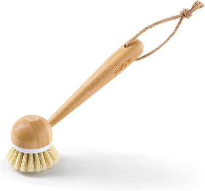 SUBEKYU Dish Brush with Handle, Natural Bamboo Dish Scrubber Brush, Kitchen