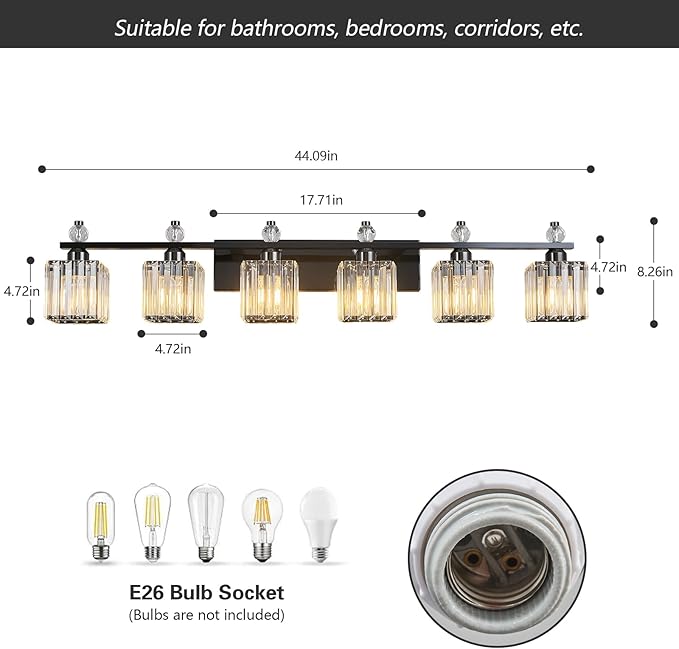 FDPBY Vanity Lights 6-Light Modern Crystal Vanity Light Plating Black Bathroom