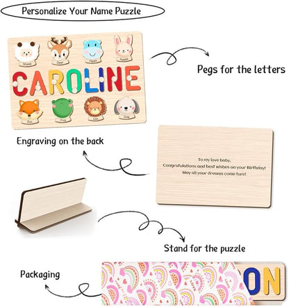 Custom Name Puzzle for Kids Personalized Wooden Animal Puzzles for Toddlers 1-3 Engraved Text on Back, Personalized Baby Gifts Educational Toys for 1 Year Old Girl Gifts for Birthday Baptism