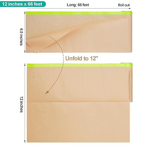 Tangibay Pre-Taped Masking Paper with Dispenser - 12" x 66' Painters Paper and Tape for Painting House, Auto Body, Cars (1 Dispenser 1 Refill)