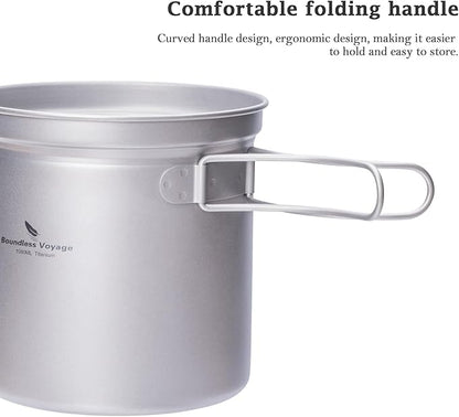 iBasingo Titanium Pot Pan Set with Folding Handle - Ultralight Portable Outdoor Cookware Mess Kit for Camping, Picnic, Travel & Backpacking (1080ml Soup Pot, 900ml Cup, 500ml Frying Pan)