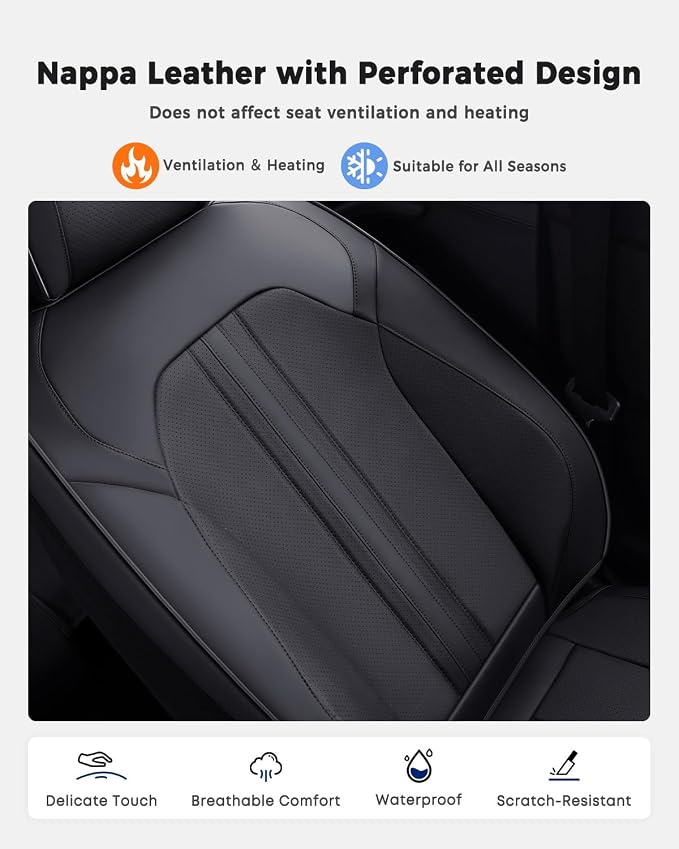 Huidasource Seat Covers, Luxury Faux Leather Car Seat Cover, Velcro Adjustable, with Airbags, Seat Belts, Thinning Design Perforation Cooling Heating Universal Fit for Most Cars Vans Trucks SUVs Black