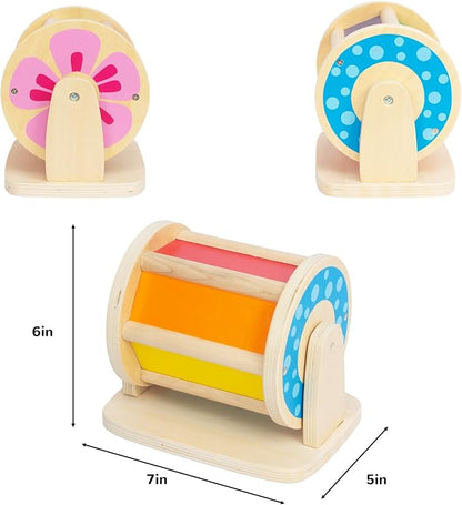 Montessori Spinning Drum Baby Toys, Wooden Tummy Time Mirror Play Kit and Rainbow Fabric Ball Kit Toys for 6-12 Months Toddlers
