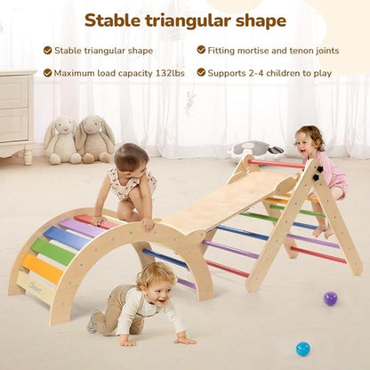 Pikler Triangle Set with Cushion, 8-in-1 Toddler Climbing Toys Indoor, Wooden Montessori Climbing Set with Arch Ramp,Ladder&Tent Cloth, Baby Indoor Climber Jungle Gyms for Toddlers Toy, Rainbow