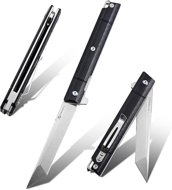 Flipper Pocket Folding Knife,DC53 Steel Blade and G10 Handle. With pocket clip and glass breaker,men's pocket knife hiking trip EDC tool Knife (Stone Wash Blade-T)