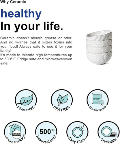 LE TAUCI Large Soup Bowl 42 OZ, Ceramic Kitchen Bowl Set for Soup, Pho, Chip, Pasta, Fruits, Salad, Noodle and Ramen- 7 Inch, Set of 4, Arctic white