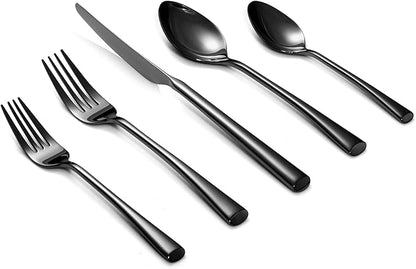 Alata Bailey Black 20-Piece Forged Stainless Steel Flatware Set Cutlery Set, Service for 4, Silver Finish, Dishwasher Safe