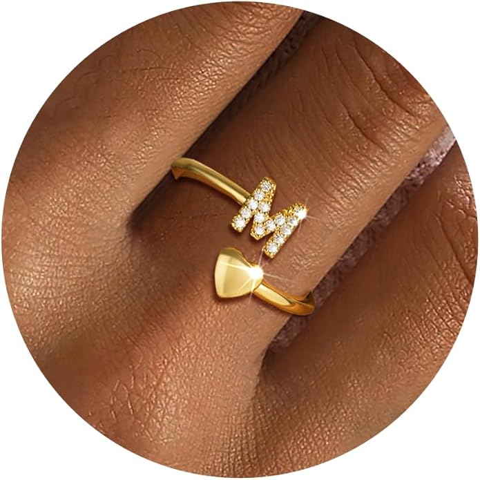 Gold Initial Rings for Women Girls, Dainty 14K Gold Plated Adjustable Initial Rings Cute Heart Zirconia Ring for Women Teen Girl Gifts