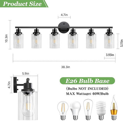 Guliaofo 6-Light E26 Black Bathroom Vanity Lights, Modern Bathroom Light