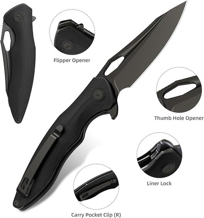 FINTISO Apollo Pocket Knife, 3.3" 14C28N Blade G10 Handle Folding Knife with Liner Lock, Small EDC Knife with Pocket Clip for Camping, Survival, Hunting, Unique Gift for Men Women