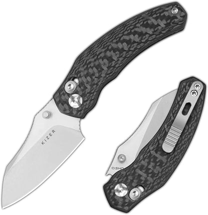 Kizer Mini Bulldog Pocket Knife, 2.5??S45VN Sheepsfoot Blade Folding Knife, Carbon Fiber Handle Clutch Lock Small EDC Knife for Men Women Gift, Camping Hunting Knives Ki3672SA3