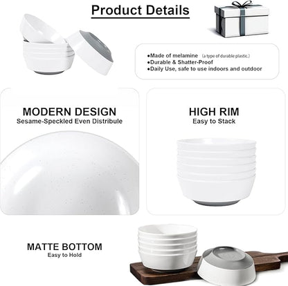 Webbylee 6-inch Melamine Bowls set of 6-20-ounce Dinnerware Cereal Bowls for Soup, Salad & Dessert | Dishwasher Safe & Space Saving(White/Grey)