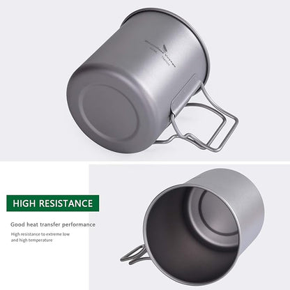 Titanium Coffee Mug Titanium Pots Titanium Cup with Foldable Handle Outdoor Camping Water Mug Tableware 14.3oz/420ml Ti1518B