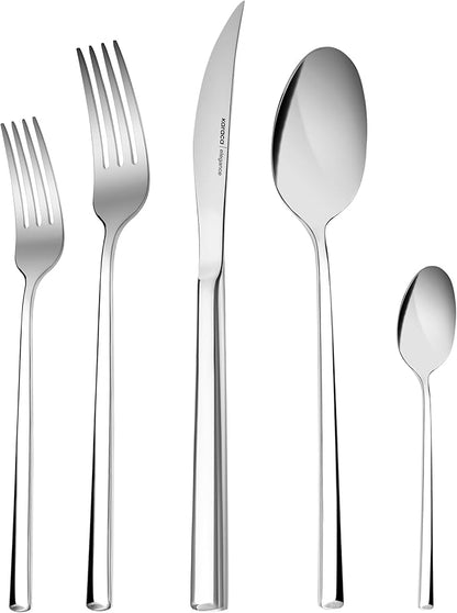 Karaca Tivoli 60 Pieces Cutlery Set for 12 Person - Forks, Spoon, Knives Silverware Sets - Modern Silver Flatware - Stainless Steel Kitchen Utensils Tableware Set - Dishwasher Safe