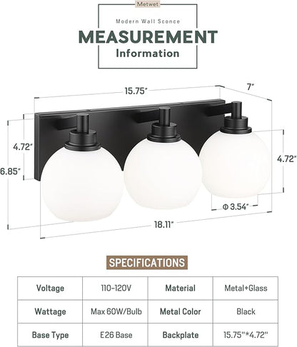METWET Bathroom Light Fixtures, 3-Light Matte Black Vanity Light, Modern Wall