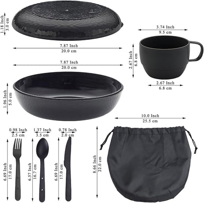 Berglander Camping Mess Kit with Bowl, Plate, Cup, Spoon, Fork, Knife and Carry Bag, Plastic Camping Accessories Essentials Gear for Travel, Camping, Picnic, Outdoor, Easy to Carry & Store