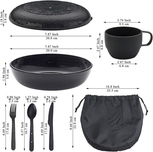 Berglander Camping Mess Kit with Bowl, Plate, Cup, Spoon, Fork, Knife and Carry Bag, Plastic Camping Accessories Essentials Gear for Travel, Camping, Picnic, Outdoor, Easy to Carry & Store