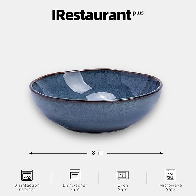 Organic Shape Restaurant Soup/pasta Bowl 8“/30oz, Commerical Grade Catering Stoneware Bowls in Ir-regular Organic Shape, Chip & Scratch Resistant, Glossy Reactive Glaze Blue, Case of 24