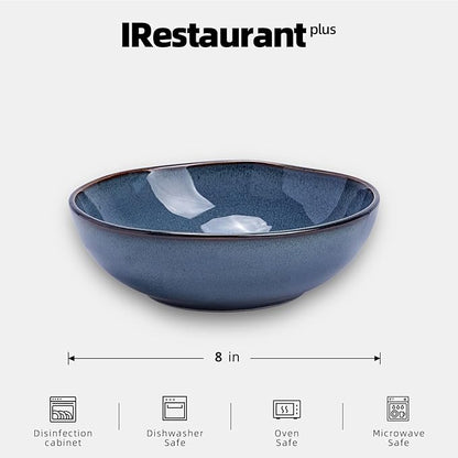 Organic Shape Restaurant Soup/pasta Bowl 8“/30oz, Commerical Grade Catering Stoneware Bowls in Ir-regular Organic Shape, Chip & Scratch Resistant, Glossy Reactive Glaze Blue, Case of 24