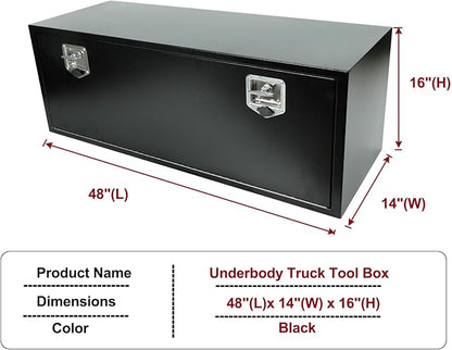 48 Inch Underbody Truck Tool Box Steel Storage Tool Box For Truck Under Bed Pickup RV Trailer, Waterproof Black Steel Box with Lock and Keys, 48"x 14"x 16" inch