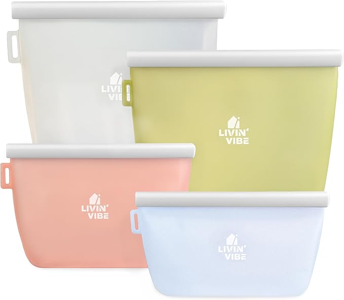 Reusable Silicone Food Storage Bags – Set of 4 Multicolor (500ml/17oz, 1000ml/34oz, 1500ml/51oz, 2000ml/68oz) – Leakproof, Freezer, Microwave, Oven & Dishwasher Safe, BPA-Free