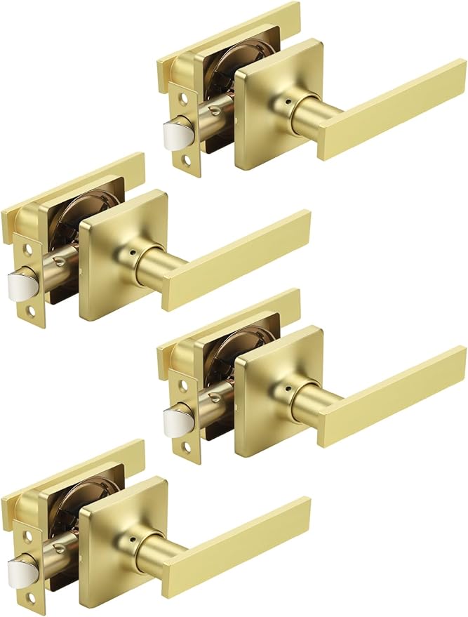 Mengico 4 Pack Passage Door Levers Gold Finish, No-Locking Keyless Square Door