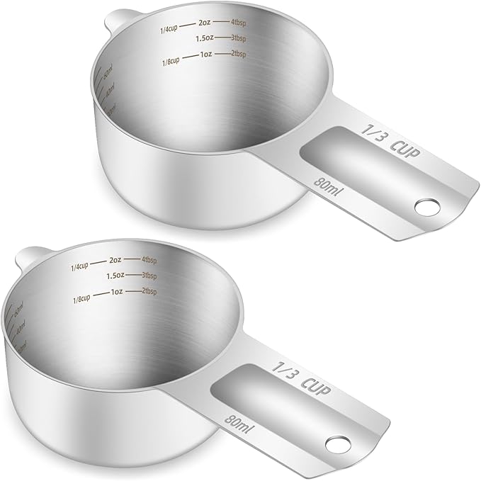 2PCS 1/3Cup Single Measuring Cup, Etched Inner Scale Stainless Steel Measure