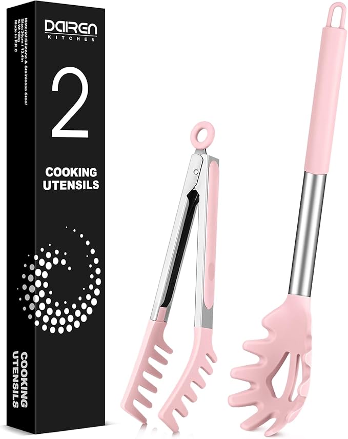 Spaghetti Spoon and Pasta Tong, Non-stick Silicone Spoon Server Fork With Teeth and Stainless Steel Handle, Food Clip for Noodles, Pink