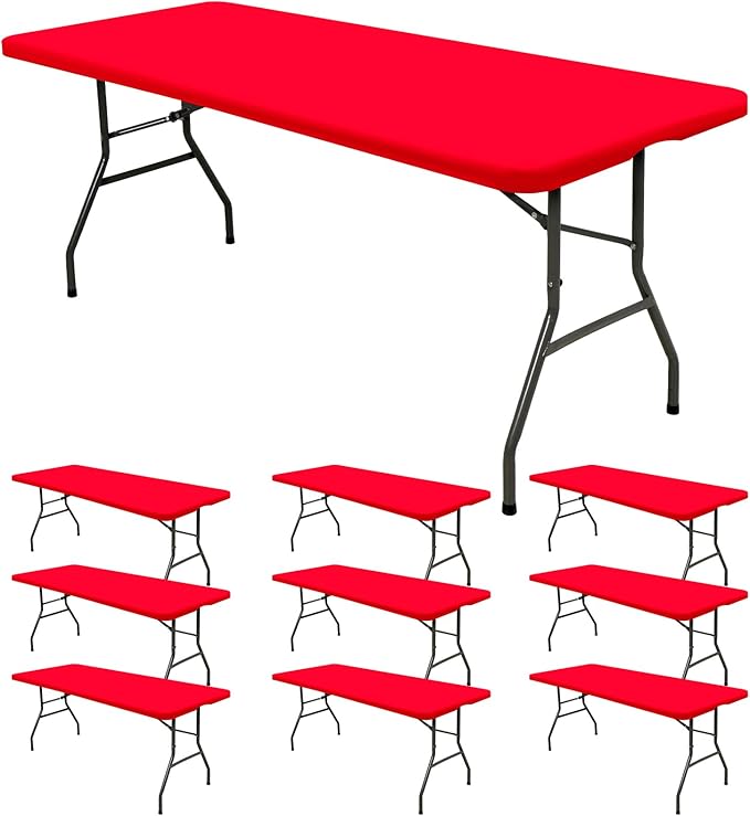 10 Pack Stretch Fabric Table Top Cap Cover, fits 8' Tables, Spandex Table Covers Washable Elastic Rectangle Tablecloth Protector for Indoor Outdoor Party Picnic Wedding, Red, 30" W x 96" L