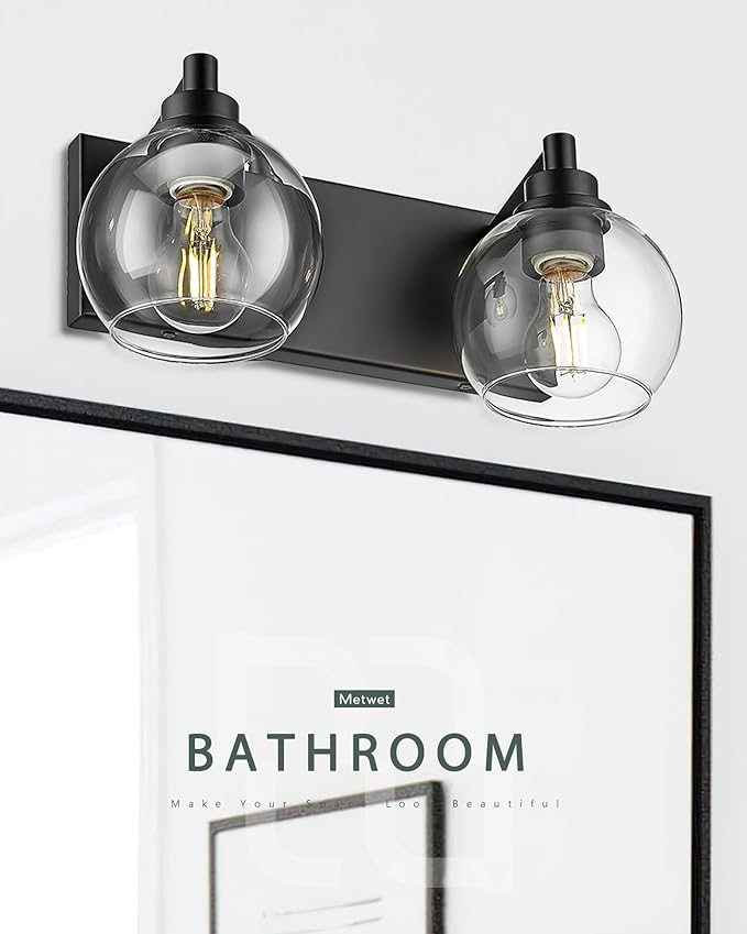METWET Bathroom Light Fixtures, 2 Light Matte Black Vanity Light, Modern Wall